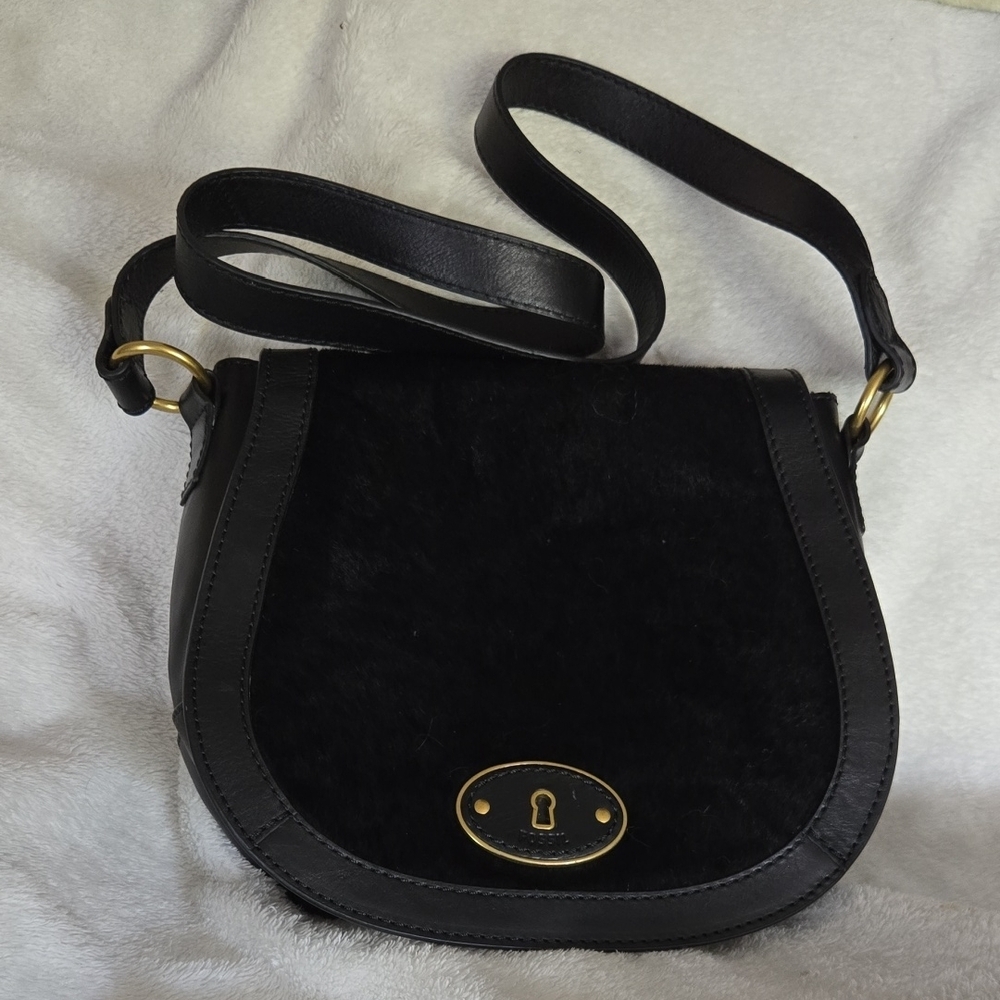 Fossil Black Cowhide Hair and Leather Saddle Crossbody Bag with Adjustable Strap